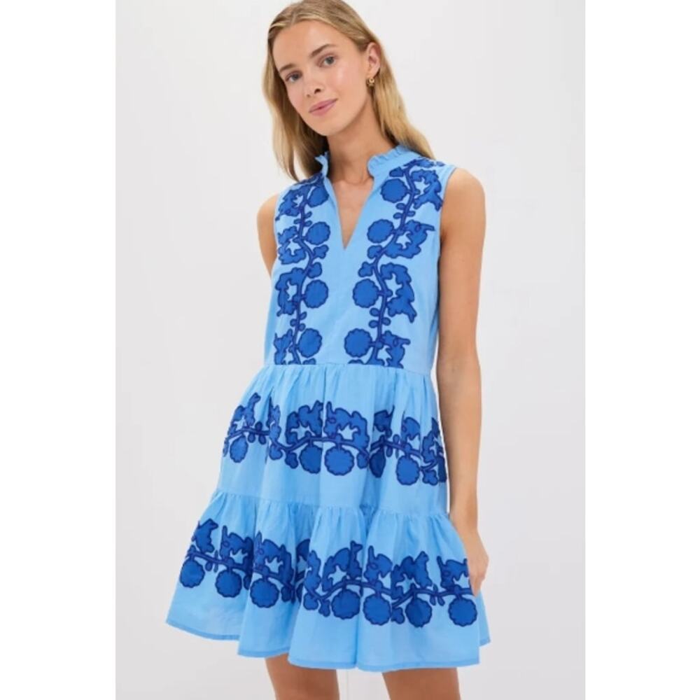 Oliphant Light Blue Tiered Midi Dress with Royal Blue Embroidery